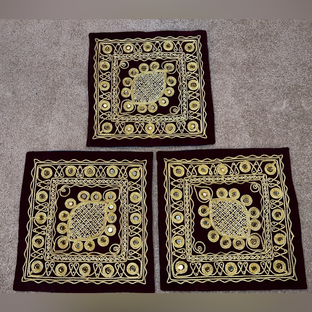 Set of 3 Vintage Hand-embroidered Gold and Beaded Elegant Pillow Cases